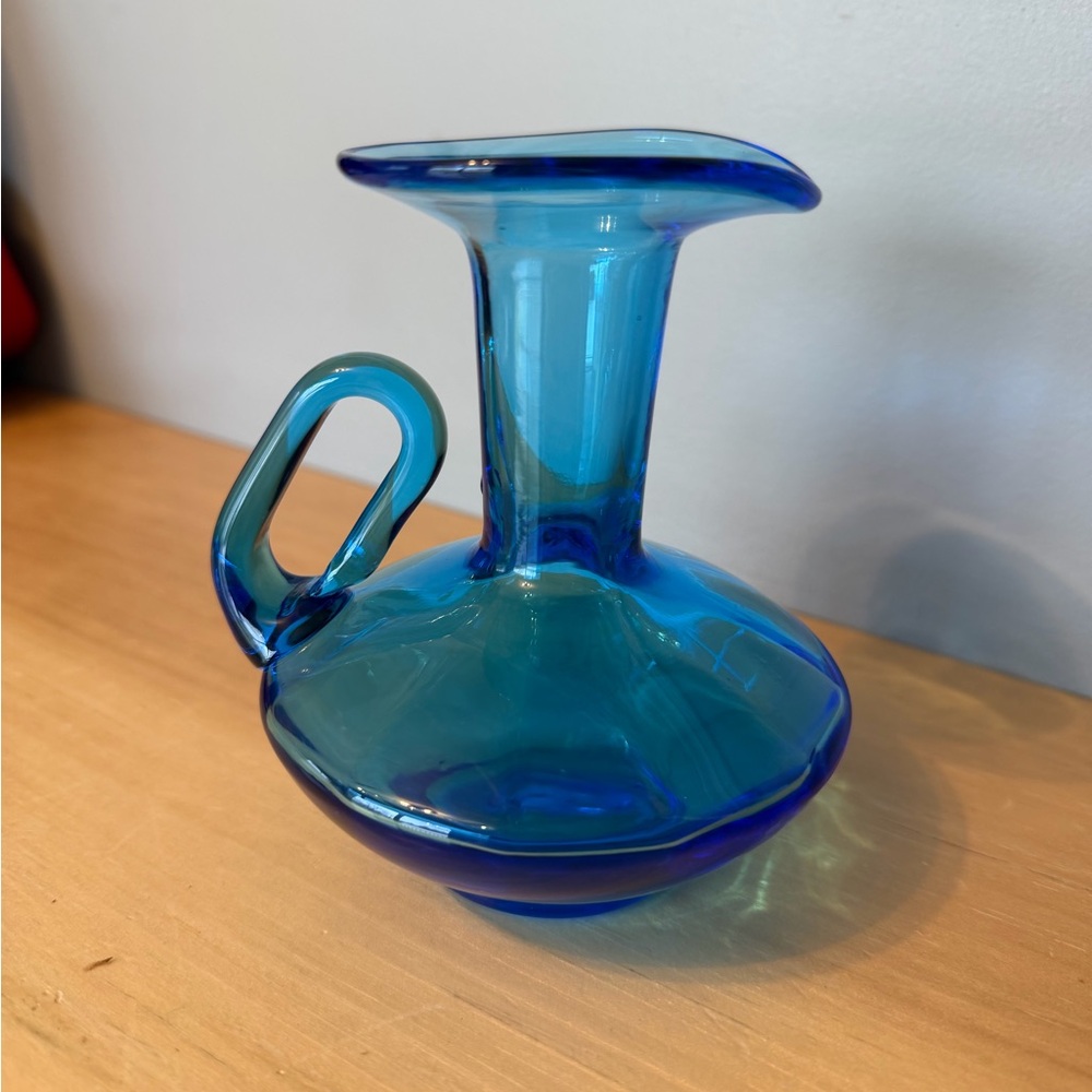 Vintage Cobalt Blue Blown Glass Pitcher 5 1/2" Tall Decor Vase Small Handle